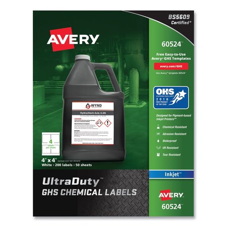 Avery UltraDuty Chemical Waterproof and UV Resistant Labels, 4x4, Wht, PK200 60524